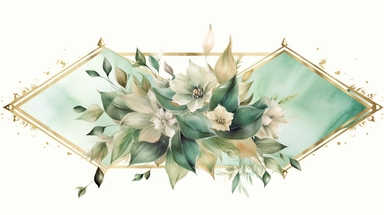 a simple gorgeous aesthetic vintage gold diamond-shape picture frame with minimal flowers border around outside the frame on soft green background clipart, watercolor painting realistic, high quality, vibrant, Vicente Romero Redondo, Willem van Aelst