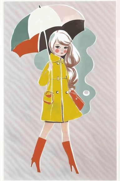 <https://s.mj.run/49ZvoIFW24o> <https://s.mj.run/VafKh_OyowI> Mary Blair style, minimalistic nordic style single clipart, baby 70s hippie fashion model with umbrella, minimalistic pastel color palette,