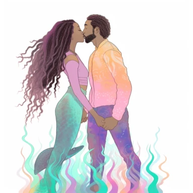 Mermaid Clipart Clipart, full body pastel colors african american Mermaid woman an man kissing surronded by dolphin , beautiful joint tail, natural hair, dreads, distinctive noses, illustration blend with cartoon realism and cate parr style