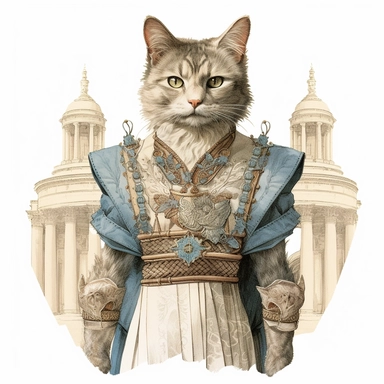 collage quirky cool collage Ancient Roman cat Felis catus clipart, Wearing a formal dress, detailed, clean line, hd, on white background, spaced out