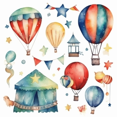 Watercolor carnival,Hand painted clip art with party elements isolated on white background. Hot air balloon, bunting, stars.