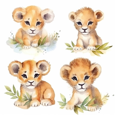 watercolor clipart with white background, baby lions, cute and adorable, clearly defined separate image, high quality--ar3:4-no mockups, watermarks, numbers, writing, letters--q2--v5.1--s1000