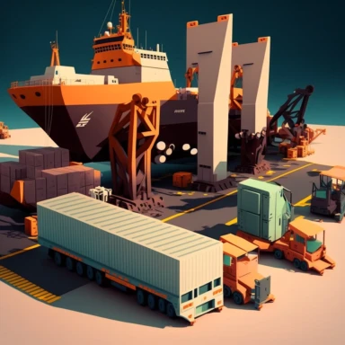 simplified 3d clipart ship unloading containers at a port with dock cranes and trucks being loaded with containers