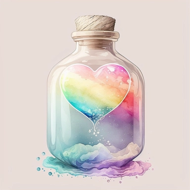 rainbow dream illusion pastel color water white background clear old rustic Heart Bottle classic potion Valentine's Day Clipart vintage watercolorrgb