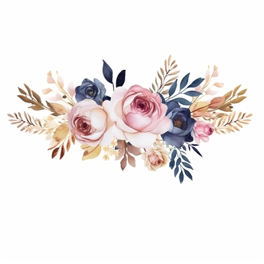 wedding floral clipart, floral rectangular border, watercolor, pink and golden and navy blue colors, isolated on white