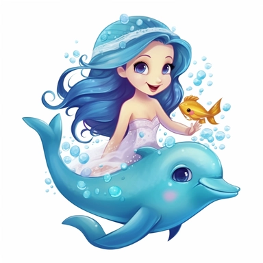 cute dolphins swimming alongside mermaid, clipart, cartoon style, white background