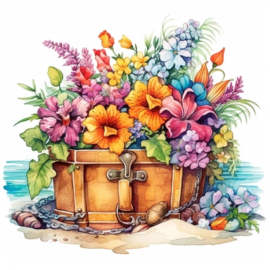 clipart, isolated on white background, Watercolor spring treasure chest with jewelry on the beach, detailed, flowers and plants, ornated, vivid and vibrant and saturated colors