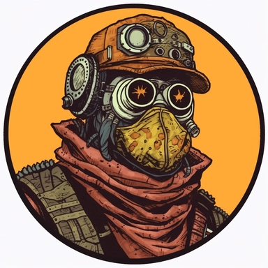 steampunk desert bandit merchant, Basil Wolverton Mike Allred Mad Max Lord of the Rings, handpainted punk zine indie retrowave, clipart illustration, circular solid background