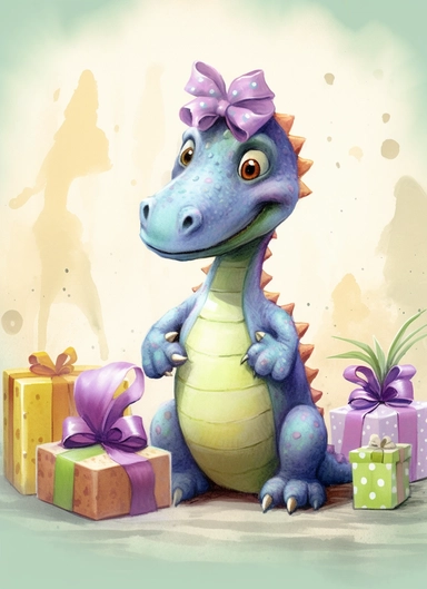 cheerful dino with bithday present, clipart for a bithday card, soft faded colors, realistic, art for children