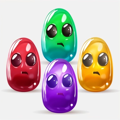 sprite sheet clip art of oval transparent jelly bean goo with white cartoon eyes. red, blue, green, purple, yellow colors. 5 colours PNG format clipart, prerendered 3d, 3d, palletized colours, deep blacks, deep colors, vibrant colors, mobile game