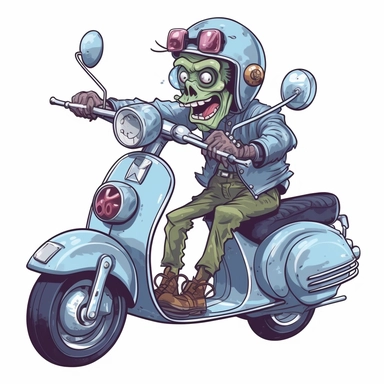 a zombie driving a Vespa and wearing a helmet clipart with a white background