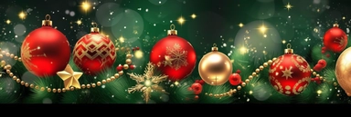 Christmas red and green with bokhe background, festive horizontal border. Golden bell. Assorted ornaments, green gold glass balls, stars, snowflakes, fir tree twigs, candy cane. Winter holiday clip art. Seasonal decor