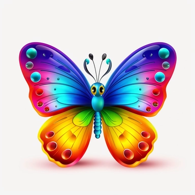 2D Clipart, Cute rainbow butterfly, cute eyes, no shadow, side view, smiling