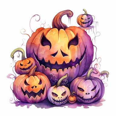 hand drawn Halloween pumpkins with carved faces that are glowing, sitting together at various sizes and heights,Halloween, purple orange and green shades, fantasy, glamorous, clipart style, detailed and realistic, watercolor, white background with margins