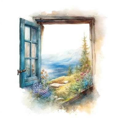 isolated on white illustration watercolor art of a rustic window from inside the house, the window shows the landscape from the garden with forget-me-nots and a road going into the mountains, a lot of forget-me-nots, masterpiece by Hans Zatzka and by Alexander Jansson and by Pierre-Joseph Redout style and by Brian Mashburn style, Baroque Architecture, PNG clipart, isolated on white, extreme photorealistic details, 32k HD resolution, realistic high detailization high resolution