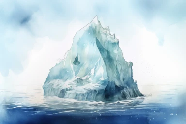Watercolor illustration of an iceberg in the ocean with hidden danger and drifting ice. Clipart for covering global warming. , .highly detailed, + cinematic shot + photo taken by sony + incredibly detailed, sharpen details + highly realistic + professional photography lighting + lightroom + behance photography unsplash