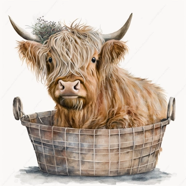 Highland Cow in a basket, Watercolor, Clipart, Farm Animal, clipart, white background