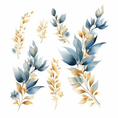 watercolor dusty blue and gold floral leaves clipart for wedding invitation card, hd, detailed, pastel color, clean line, on white background, spaced out