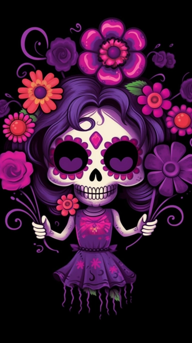 create a funny flowers bouquet, magenta and purple petals, as Halloween, bright green stem, black background, tiny purple bats flying around the flowers, and some tiny funny Catrina skulls for Halloween over emery flower, clipart,