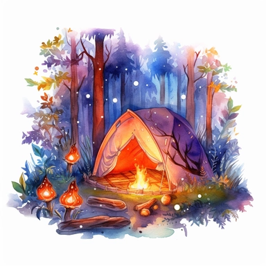 fairy camping in the woods by night with fairy lights and fire clipart watercolor