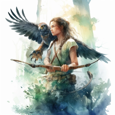 high level watercolor, hyper realistic, white background with margins, 8k, ultra detailed clipart, A girl in a blue tunic and leggings practicing archery with an eagle perched on her shoulder, in a sunlit forest clearing.fairy, cool, tone of green