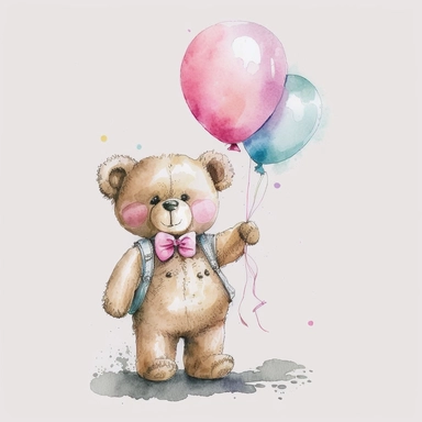 watercolor happy teddy bear with a pink bow tie and pink balloons in his hand, clip art, white background, no caption