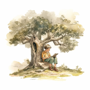 watercolor, hyper realistic, white background, white margins, 16k, ultra detailed clipart, cut out image, hand-drawn, whimsical a vintage child (40s) reading a vintage book under a tree, ultra HD, sharp line
