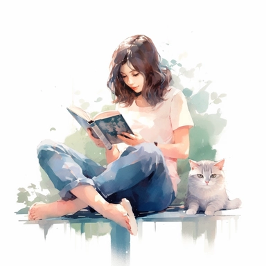 A girl sitting cozily with a cat, engrossed in a book and enjoying the company of her feline friend, pastel colors, white background, watercolor splash, clipart, by Jack Hughes