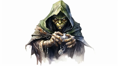 isolated images, illustrations on a white background, realistic Dark fantasy RPG Pathfinder goblin with green skin and red eyes, warrior wearing a black cloak with hood holding a ring of antique keys, Clipart, watercolor, realistic, isolated, full building, highly detailed, hdr, 32K, photo expert quality, watercolor realistic, hyperrealistic and highly detailed, isolated on a white background