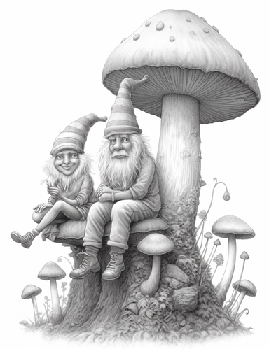 light gray and bubbles, two humanoid gnomes are sitting on a huge mushroom, highly detailed clipart, hdr, 32K, photo expert quality, greatest for coloring realistic, hyperrealistic and highly detailed, coloring book pages, isolated on a white background