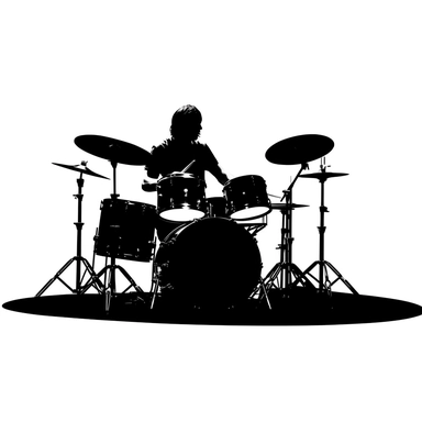 a simple clipart, front view, black vector of a beautiful drummer silhouette. By Augustin Edouart, HD, on white background, space out, flat.