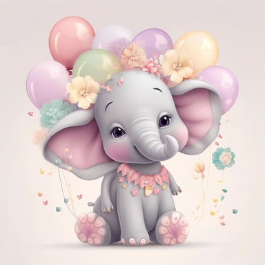 a detailed very colorful vector Clipart image sticker of a beautiful majestic magical floral smilling baby elephant and pastel pink balloons colors holding balloons with a white background, pastel light colors, fall colours, gold ropes, photorealistic, cinematic, Cinematic, Color Grading, Editorial Photography, Photography, Photoshoot, Shot on 70mm, Ultra-Wide Angle, Depth of Field, DOF, Tilt Blur, Shutter Speed 1/1000, F/22, Gamma, White Balance, Neon, Light, Dark, Light Mode, Dark Mode, High C