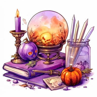 hand drawn glowing crystal ball sitting on a table with crystals, tarot cards, a wand, candles and a pumpkin, Halloween, purple and orange shades,fantasy, glamorous, , clipart style, detailed and realistic, watercolor, white background with margins