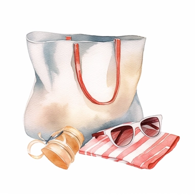 Watercolor A stylish beach bag filled with essentials like a towel, sunglasses, and a book clipart, Minimalist, isolated white background, 8k