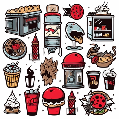 Design clipart for a pastry shop, infusing a bold punk aesthetic throughout. The artwork should include typical pastry shop elements such as cakes, pastries, and coffee mugs, but these should be dramatically reimagined through the lens of punk culture. Think about incorporating elements like spikes, studs, graffiti, and heavy, angular lines. The color palette should predominantly feature red, gold, blue, and black to mirror the rebellious spirit of punk, whilst ensuring the artwork remains vibra