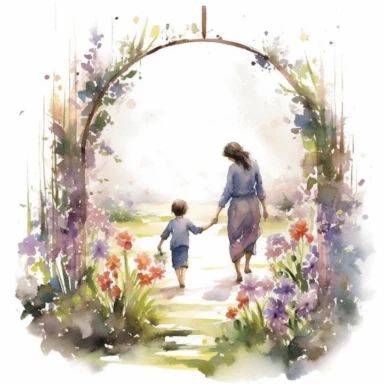 Imagine a serene garden blooming with vibrant flowers, where every petal whispers tales of love and gratitude. In this enchanting setting, create a watercolor clipart masterpiece that celebrates the beauty of motherhood and the love between a mother and son. Let your brushstrokes convey the delicate strength and nurturing spirit that mothers possess.