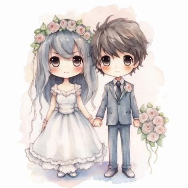 full body Little bride and groom, dreamlike Watercolor Clipart, strybk, full Illustration, 4k, sharp focus, watercolor, smooth soft skin, symmetrical, soft lighting, detailed face, concept art, muted colors, watercolor style, strybk, children's style fairy tales, chibi kawaii, . Octane rendering, 3d. Perfect face, detailed face, delicate face, perfect sharp lips, detailed eyes. Craig Davison, Aubrey Beardsley, Conrad Roset, Aikut Aidogdu, Agnes Cecil, watercolor style