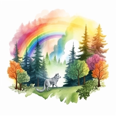 a watercolor of a forrest scenery with rainbow and wolf, realistic fantasy Style, vector free clipart illustration, in the style of unreal engine 5, 32k uhd, detailed features, white background