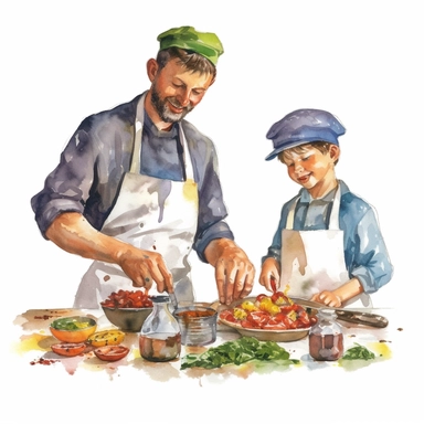 A father and son cooking together in the kitchen, wearing chef hats and aprons, Watercolor, Clipart, detailed, high resolution, transparent background PNG