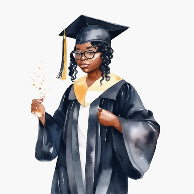 watercolor fat black female student graduation clipart on a white background