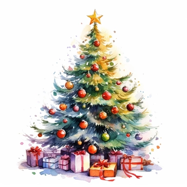 Christmas Tree: Clip art featuring decorated Christmas tree, either in traditional green or with various colorful ornaments, gift boxes, and lights, is commonly used to represent the spirit of Christmas. watercolor hand painting by Hayao Miyazaki ultra detail, 8k megapixel a careful touch white background for clipart