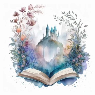 fantasy scene coming out of an open book, castle and garden , florals, magical, watercolors, Clipart, pastel blue color theme