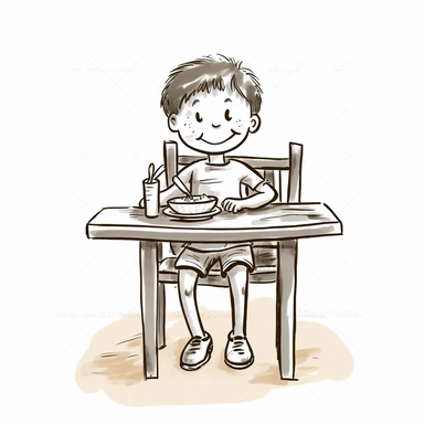 stick figure clipart, little boy stick figures, cute smiling, eating breakfast, sitting on a chair, breakfast on a table, isolated, low details, oneline art, white background