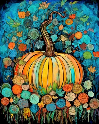 one pumpkin clip art, in the style of collage-style mixed media, bold yet graceful, by by Anne Keenan Higgins, by dr suess in colors for each section of the pumpkin is a different colored carsten holler, leaf patterns, edwin lord weeks, hand lettering, michael hutter