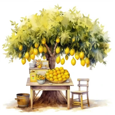 small lemonade stand under lemon tree, in the style of photo realistic and hyper-detailed watercolor, sketchfab, ahmed morsi, realistic watercolor, use of common materials, handcrafted designs, yellow clipart with white background