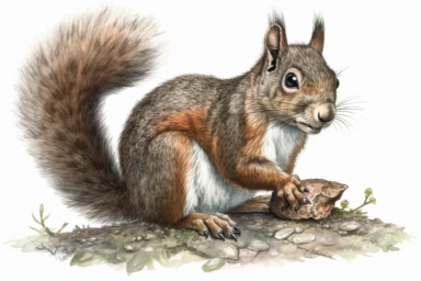 A highly detailed watercolor clipart of an isolated squirrel, by Laura Harris, watercolor specialist, realistic texture, detailed brushwork, high-resolution 300 dpi, nature-inspired art, intricate artwork, fine art quality, animal portrait, botanical art, isolated on white