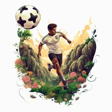 white background, football player with ball on foot, closeup, sticker, artwork of t shirt graphic of majestic forest, in digital painting style , beautiful flowers, sunset mountains and clouds , big vines, stone temple covered in vines , plants surround, highly detailed clean, vector image, photorealistic masterpiece, professional photography, realistic, flat white background, isometric, vibrant vector, clipart, illustration, realism, 4k, , cinematic, front view, paradise, extremely white backgr