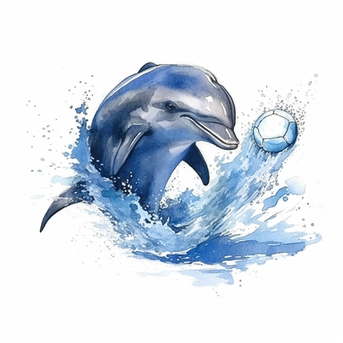 a Dolphin With Ball in the style of watercolour clipart with detailed brush strokes