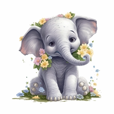cute baby elephant with a smile on its face and flowers, soft color, HD, cartoon image, on white background Clipart,Cartoon, hyper realistic, intricate detail, illustration style,high solution,on the white background