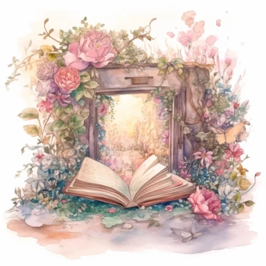 fantasy scene coming out of an open book, secret garden, florals, magical, watercolors, Clipart, pastel pink color theme